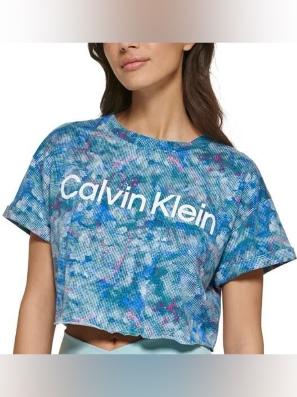 CALVIN KLEIN PERFORMANCE Women's Size L Logo Marble-Print Cropped Top 🆕
